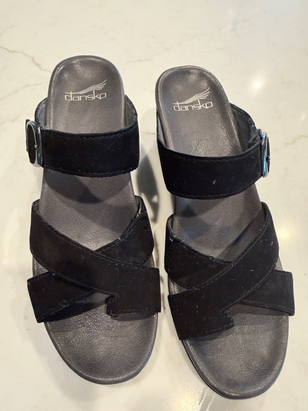 Dansko Black Suede Double-Strap Slide Sandals with Buckle